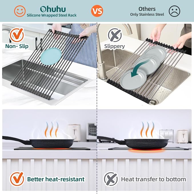 Ohuhu Over The Sink Dish Drying Rack, 20.5" W x 13.1" L Rolling Dish Drainer Foldable Sink Accessories Heat-Resistant Mat Anti-Slip Silicone Coated Dish Racks for Kitchen Counter - Image 6