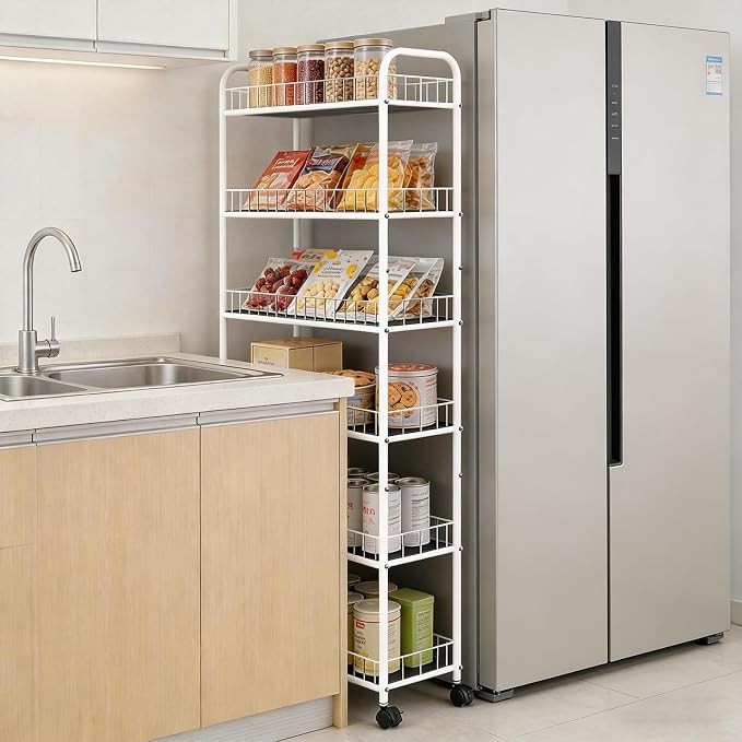10in Slim Storage Cart, Metal 6-Tier Narrow Rolling Shelf, Sturdy Slim Storage with Hooks Ideal for Kitchen, Bathroom, and Laundry Room (10in White) - Image 4