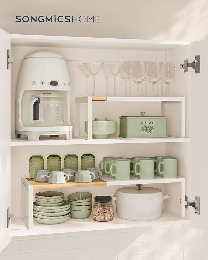 SONGMICS HOME Spice Rack, Expandable Cupboard Shelf Orgnizer,Bamboo | Kitchen Counter Shelves, Bamboo and Steel, Stackable, Cream White and Light Bamboo, BYSTRO Collection UKCS052W01 - Image 2