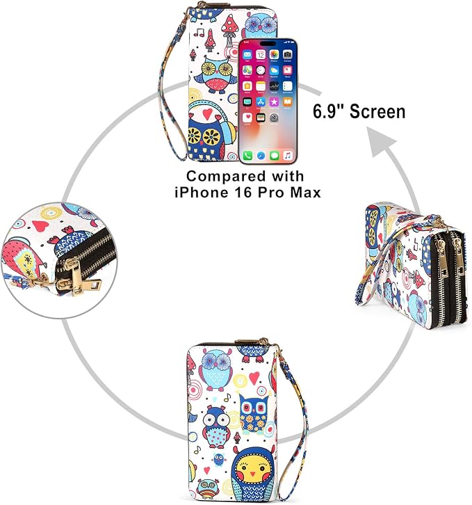 Cellphone Wallet for Women with Wrist Strap, RFID Blocking Credit Card Holder Large Size Clutch Purse, Owl - Image 6