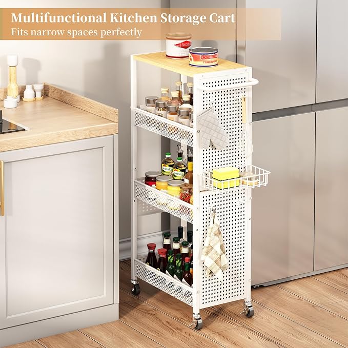 Slim Storage Rolling Cart: 4-Tier Narrow Metal & Wood Utility Cart with Wheels for Kitchen/Laundry/Bathroom(White) - Image 3