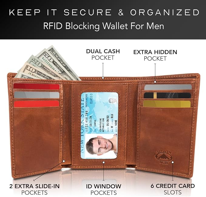 Stealth Mode Trifold Leather Wallet for Men with RFID Blocking | Brown Crunch Top Grain Napa Leather, 9 Card Slots, ID Window, Gift Box – Gift for Dad, Husband, or Son - Image 2
