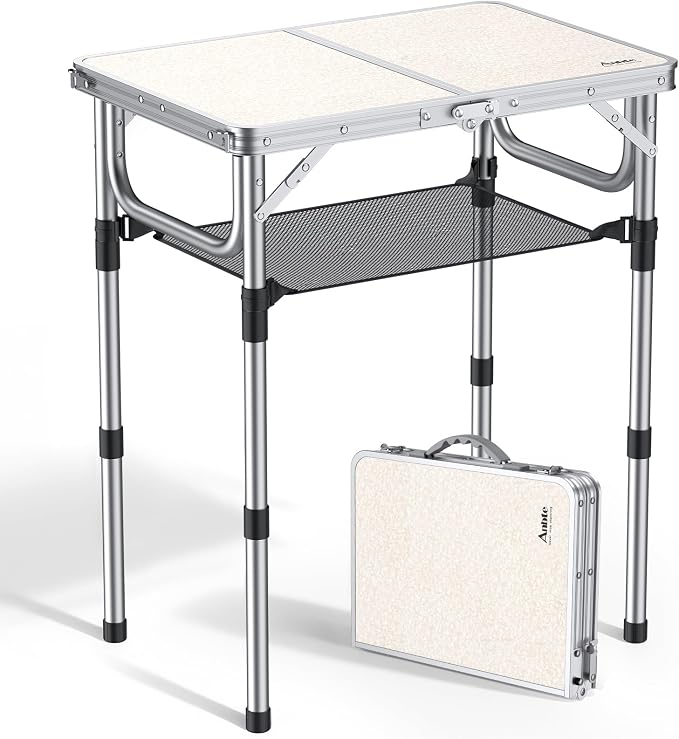 Anbte Folding Camping Table, 24"X 16" Adjustable Height Small Folding Table | Aluminum, with Carrying Handle, Lightweight, Portable Camping Table for Outdoor Indoor Picnic Beach BBQ Grill Patio (Silver) by Anbte
