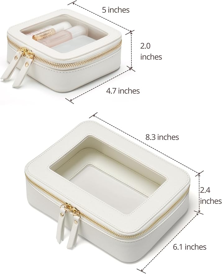 Clear Makeup Bag with Zipper, Set of 2, Mini and Medium, White | Clear Travel Bags for Toiletries, Structured Cosmetic Case for Women, Waterproof PU Leather, Wide Open Portable Car Organier - Image 2