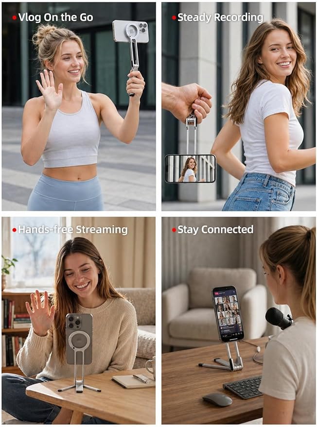 Mini Pocket Magnetic Phone Tripod – Aluminium Foldable Stand with Strong Magnet, Maglock Smartphone Tripod Compatible with iPhone 17 16 15 14 13 12 Series, Silver - Image 4