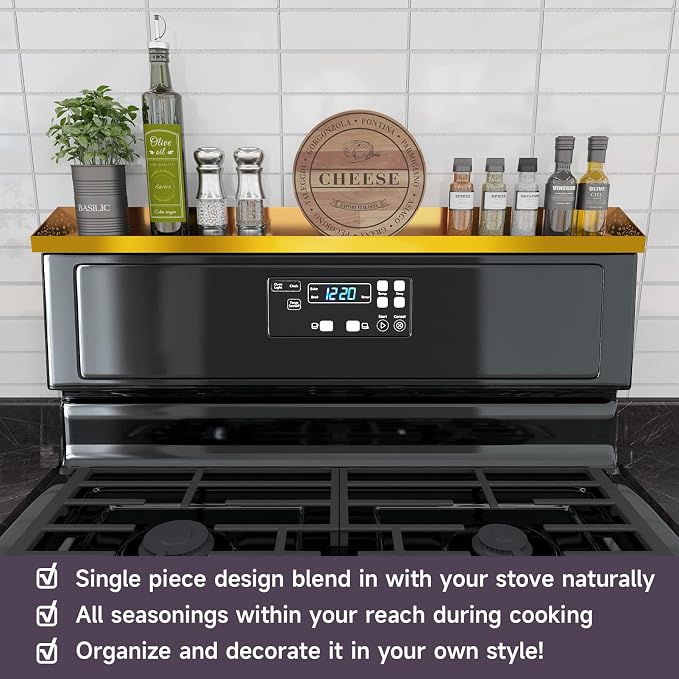 STUTOV 30" Magnetic Stove Top Shelf – Brushed Gold Spice Rack and Seasoning Organizer – Kitchen Shelf for Back of Stove – Over Stove Rack and Storage Organizer - Image 2