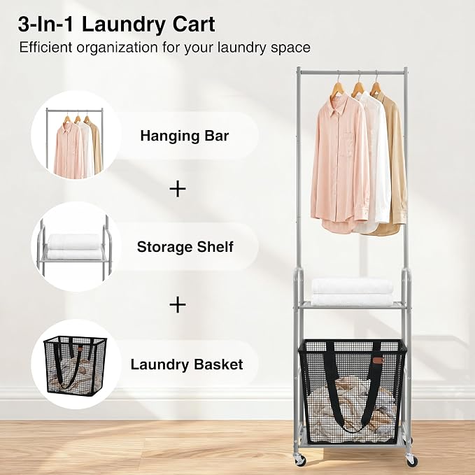 STO STO 3-in-1 Laundry Cart with Hanging Rack, Slim Space-Saving Rolling Laundry Sorter Hamper with Hanging Bar, Removable Pop-Up Mesh Laundry Basket, Storage Shelf, Lockable Wheels for Small Spaces - Image 3