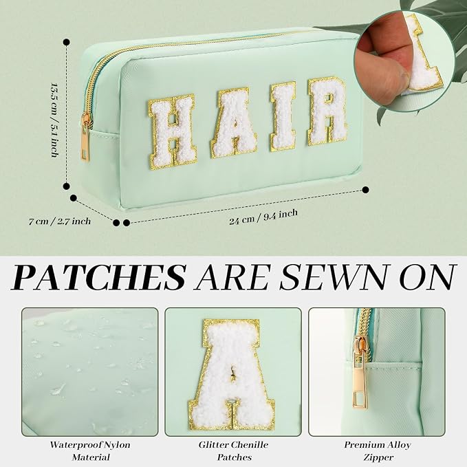 Preppy Makeup Bags Chenille Letter Stuff Bag Nylon Cosmetic Pouch Cases with Zipper for Women Travel Toiletry(Mint Color,Classic,4 Pcs) - Image 2