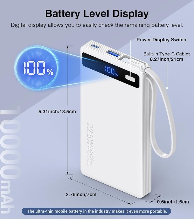 Power Bank with 2 Built-in Cables 10000mAh,22.5W Fast Slim Portable Charger | USB C Battery Pack, Travel Essentials Gift PD Fast Charging Powerbank For iPhone 17 16 15 Plus Pro Galaxy iPad White(1 Pack) - Image 2