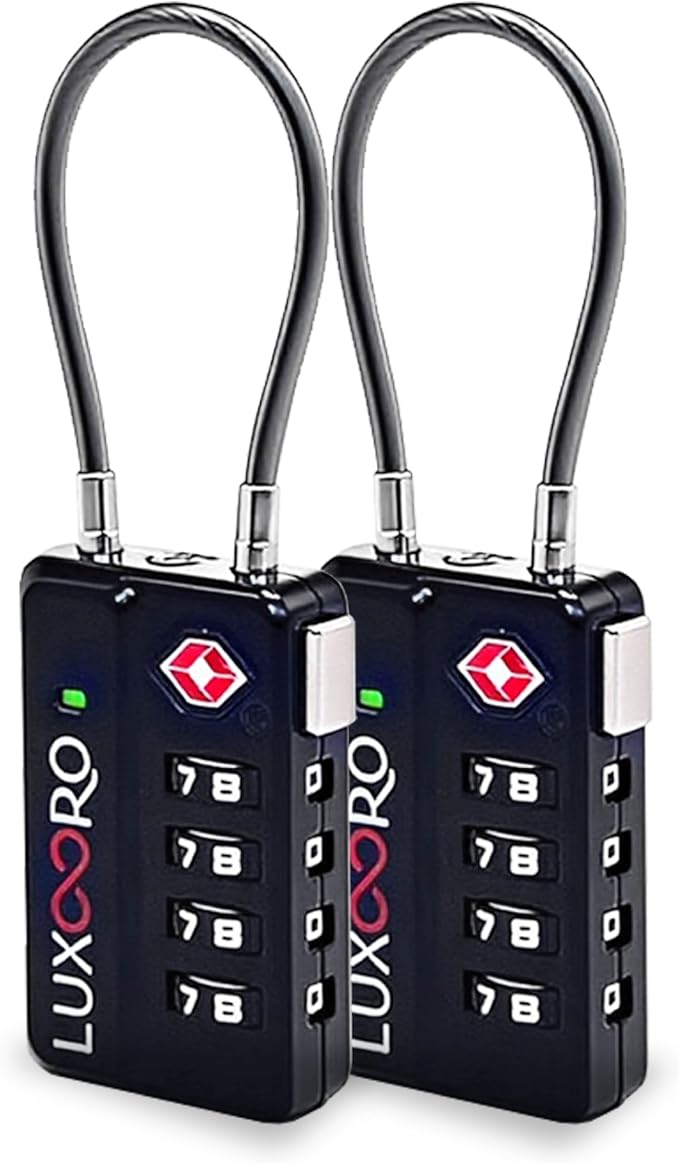 Tool-Less TSA Approved Luggage Lock with Alert Indicator, 4-Digit Resettable Combination, Durable Zinc Alloy Travel Locks for Suitcase, Backpack, Toolbox, Locker, Keyless – Black (2 Pack) by LUXOORO