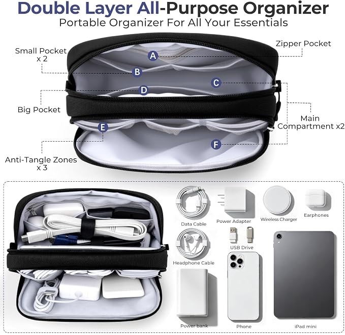 Skycase Travel Cable Organizer - Lightweight Water Resistant Dual-Layer Tech Pouch with Wrist Strap 9 Compartments Electronic Organizer Travel Case for Charger Cord Hard Drive,Large,Black - Image 2