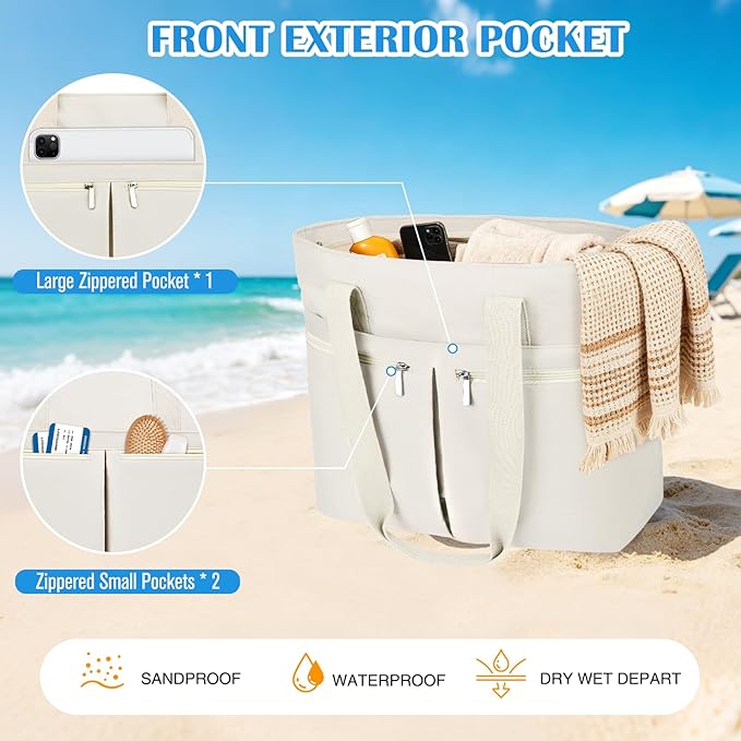 HUANLANG Large Beach Bags for Women Pool Bag with Zipper, Waterproof Sandproof Beach Tote Travel Bag with Wet Pocket - Image 4