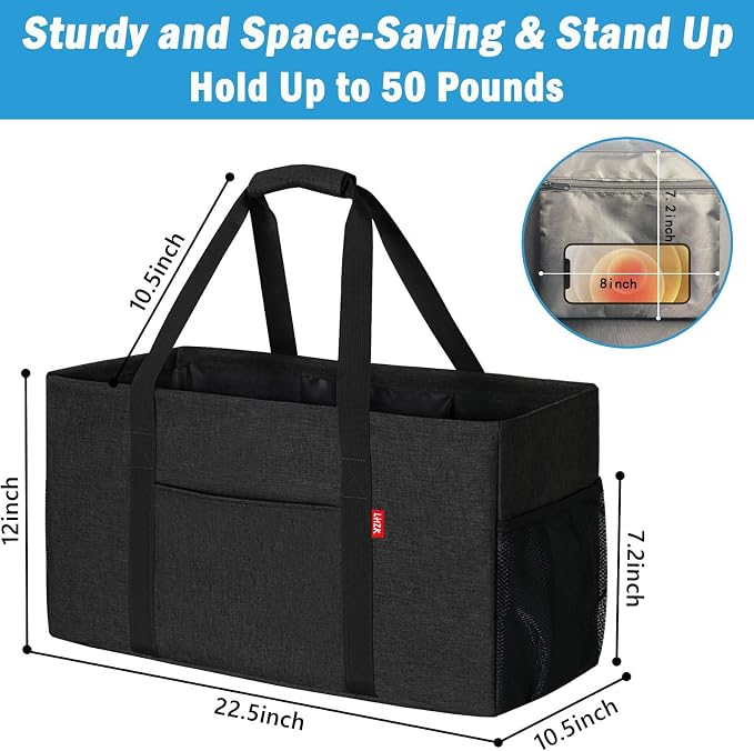 LHZK 2 Pack Extra Large Utility Tote Bag with Metal Wire Frame and the Sides Rinforced, Extra Large Tote Bag with Handle for Pool Beach Laundry Storage (Black) - Image 4