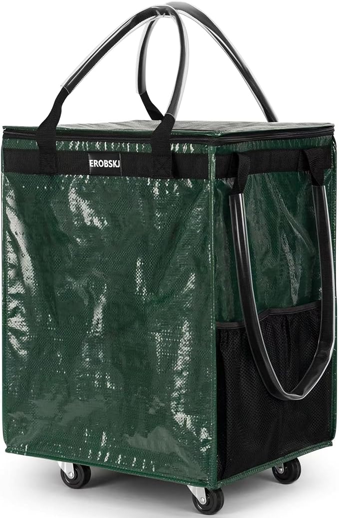 (Medium,Green) Reusable Grocery Bag on Wheels, Foldable Rolling Tote, Carries Up to 66 lbs Shopping Trolley, Zipper Clouser Shopping Carts for Trips, Laundry, 4 Heavy Duty Wheels and 3 Handles by EROBSKJ