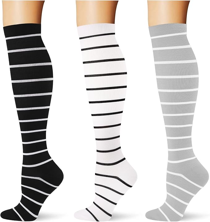 (3 pairs) Compression Socks 20-30 mmHg Long Knee High Socks for Women Men Support Athletic Travel Daily Wear by Saniripple