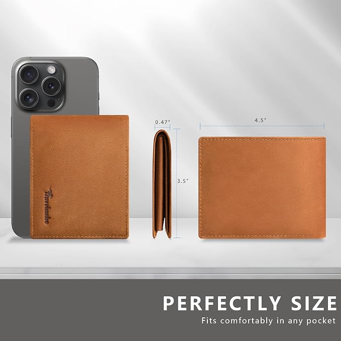 Travelambo Genuine Leather Wallet for Men with Gift Box - Handmade Bifold Stylish - Mens Wallets Rfid Blocking with 2 ID Windows - Image 6