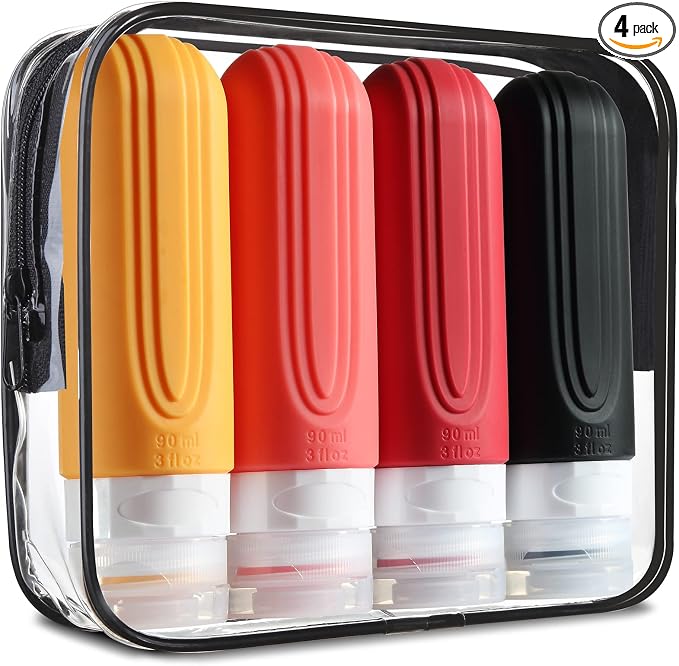 Mrsdry Travel Bottles for Toiletries, Tsa Approved 3oz Travel Size Containers BPA Free Leak Proof Refillable Liquid Silicone Squeezable Travel Accessories for Shampoo Conditioner Lotion (4 Pack) by Mrsdry