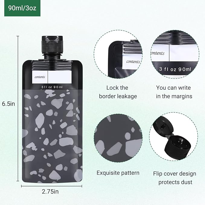 ASEVAT 3 oz 6pack Leak Proof Empty Squeeze Pouches Refillable Travel Size Containers Liquid Pouch Cosmetic Container TSA Approved Bag - Image 2