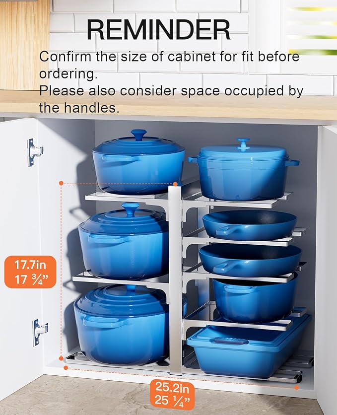 Pots and Pans Organizer Under Cabinet 15.8" 8-Tier Adjustable Silver | 2 DIY Modes, Tool-Free Assembly, Max 120 Lbs, Fits Cast Iron Pans, Dutch Ovens & Heavy Cookware, For Kitchen Cabinets - Image 3