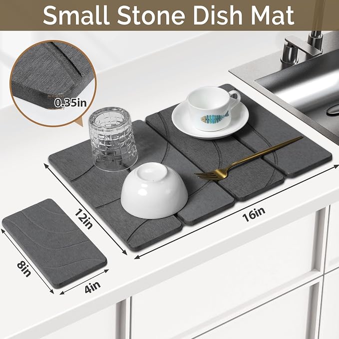 Small Stone Dish Drying Mat for Kitchen Counter, 2 PCS 16"×12" & 8"x4" Quick Dry Stone Mats, Foldable Water Absorbing Diatomite Drying Dish Pad for Countertop Bottles Utensils Cups(Carved Gray) - Image 2