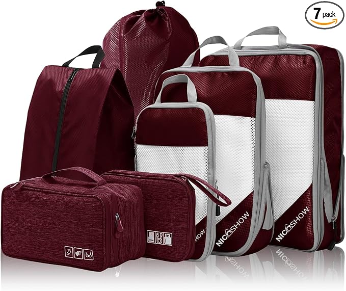 7 Set Compression Packing Cubes for Travel - Compressible, Lightweight, and Space-Saving Packing Cubes, Travel Essentials for Women, Wine by NICOSHOW
