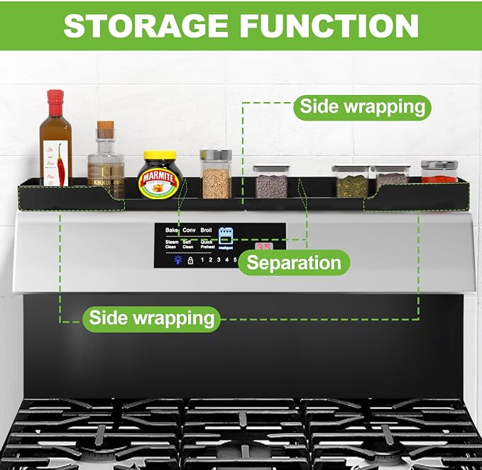 30 Inch Magnetic Stove Top Shelf | 3-Zone Kitchen Organizer with Anti-Slip & Anti-Fall Design | Heat Resistant (-40°F to 446°F) Food-Grade Silicone Spice Rack for Flat-Top Stoves, Black - Image 2