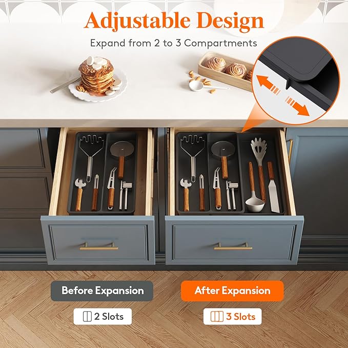 Lifewit Utensil Organizer for Kitchen Drawer, Expandable Cooking Tray | Adjustable Cutlery Flatware Holder, Plastic Silverware Spatula Tools Storage Divider, 8.9-14.4 x 15.8", Black - Image 4