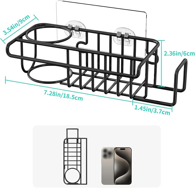 HapiRm 4 in 1 Kitchen Organizers and Storage, SUS304 Stainless Steel Brush Holder + Dish Cloth Hanger + Soap Rack + Sink Stopper Rack, No Drill Kitchen Essentials - Black - Image 4