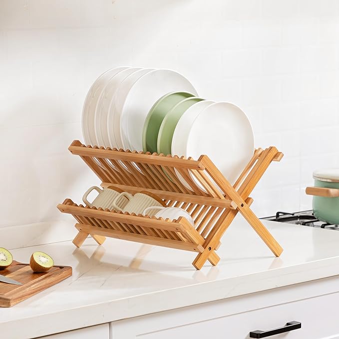 Bamboo 2 Tier Dish Drying Rack with Utensil Holder | Collapsible Dish Rack for Kitchen Counter, Large Folding Drying Holder, Dish Drainer, Kitchen Organizers and Storage - Image 7