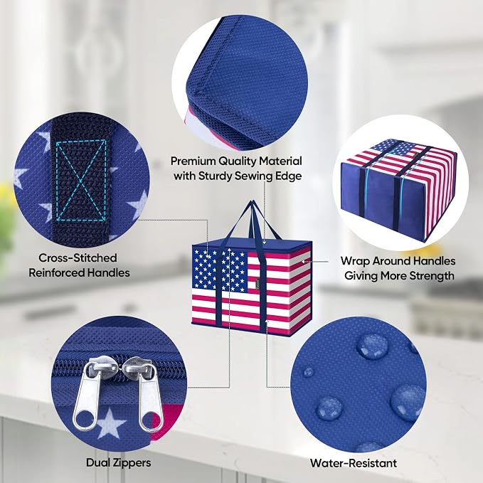 BALEINE 2PK Insulated Reusable Grocery Bags, Collapsible Cooler Bag for Groceries, Heavy Duty Large Insulated Bag (16''x9''x13'', Patroit Celebration) - Image 3