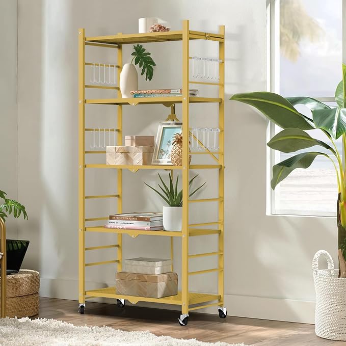 Himix 5-Tier Foldable Storage Shelves with 20 Hooks Wheels Bookshelf Gold | Folding shelving units, Metal collapsible organization, Wire shelf, No assembly, Garage, Home room, Greenhouse, Holds 440 Ibs - Image 2