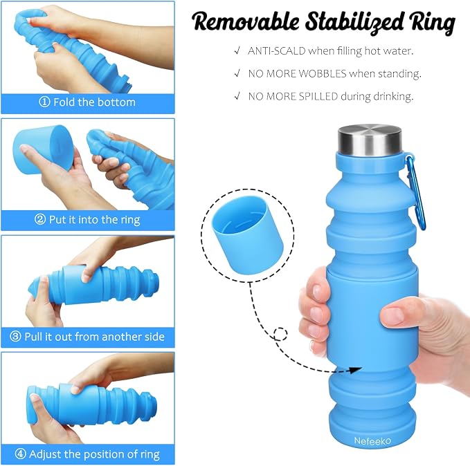 Nefeeko Collapsible Water Bottle, Reuseable BPA Free Silicone Water Bottles | Foldable Water Bottles for Travel Gym Camping Hiking, Portable Leak Proof Sports Water Bottle with Carabiner - Image 4