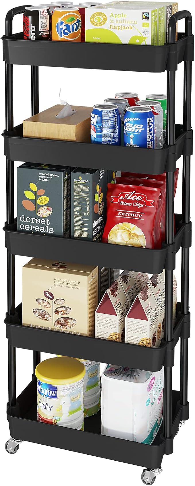 Laiensia Multifunction Utility Rolling Cart, 5-Tier Plastic & Metal Storage Organizer, Black, Lockable Wheels, Modern Style, Indoor Use by Laiensia