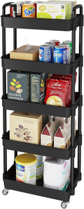 Laiensia Multifunction Utility Rolling Cart, 5-Tier Plastic & Metal Storage Organizer, Black, Lockable Wheels, Modern Style, Indoor Use by Laiensia