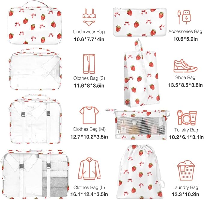 8 Set Packing Cubes for Suitcases,Packing Cube with Shoe, Cosmetics, Clothing, and Accessories Bags Packing Cubes for Travel Luggage Organizer Women Men(Strawberry Bows) - Image 2