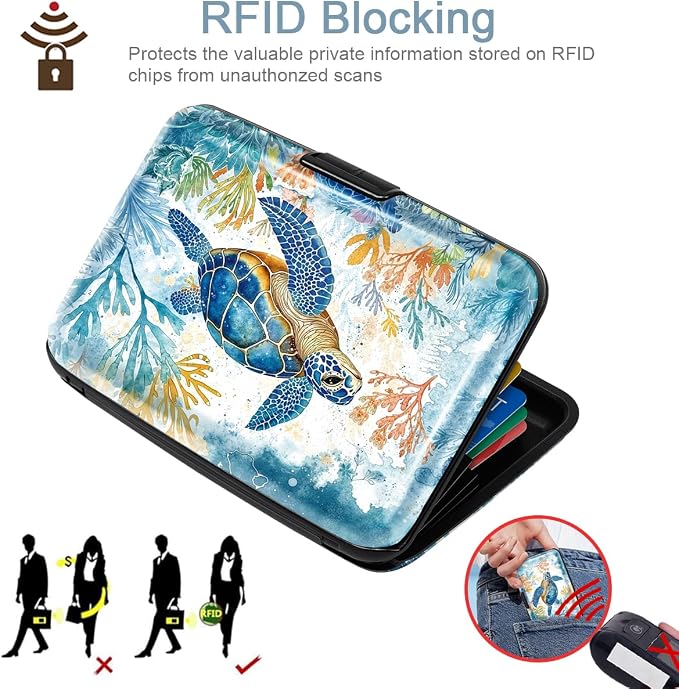 Coco Rossi Credit Card Holder RFID Aluminum Small Mini Wallet Women | Metal Wallet, Business Cards Holder, ID Case, Slim Sleeves, Womens Girls Gift, Carry Proof Wallets for Travel, Sea Turtle - Image 4