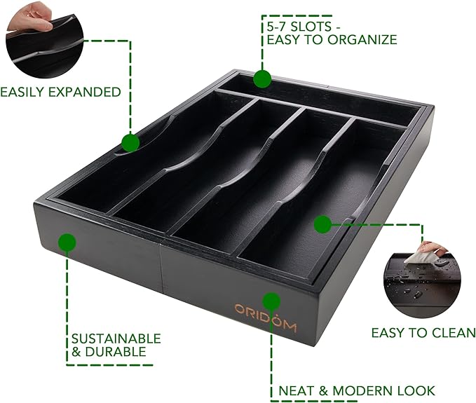 Expandable Bamboo Kitchen Drawer Organizer for Cutlery and Utensils, Adjustable Bamboo Wood Cutlery Tray in Drawer for Flatware and Silverware in Kitchen, (Black) - Image 5