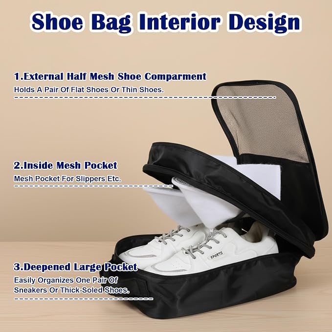 3-Pack Travel Shoe Bags for Packing in Suitcase - Shoe Travel Bag Organizer with Handle, Multi-Layer Compartments Holds 3 Pairs of Shoes, Portable Storage for Men & Women (Beige/Gray/Black) - Image 4