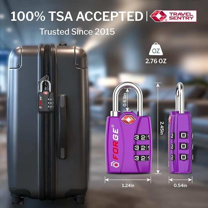 Forge Open Alert TSA Approved Luggage Locks - 3 Digit Combination, Easy Read Dials, Zinc Alloy Body - Ideal Travel Lock for Luggage, Suitcases, Bags & Toolboxes (Purple 4 Locks) - Image 2