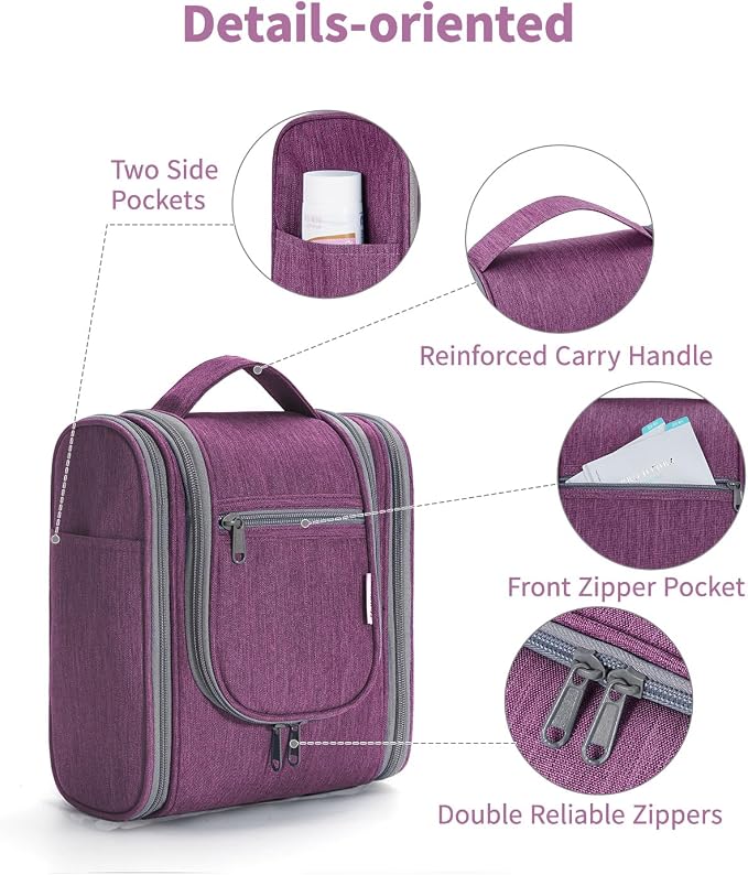 Narwey Small Hanging Toiletry Bag Women Travel Makeup Bag Organizer Toiletries Bag for Travel Size Essentials Accessories Cosmetics (Medium, Dark Purple) - Image 7