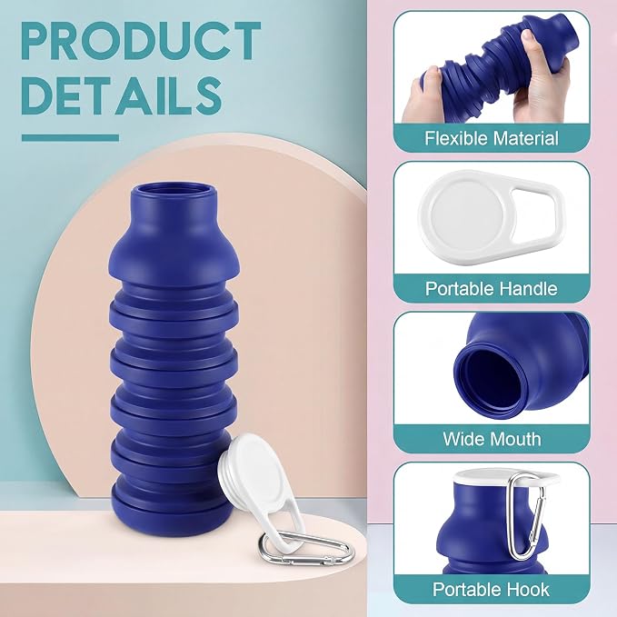 LemonRoad 2 Pcs 20 oz Portable Collapsible Water Bottles Reusable Silicone Foldable Water Bottle Lightweight Leakproof Expandable for Gym Traveling Camping Hiking Sports (Teal Blue,Navy Blue) - Image 3