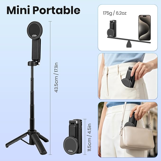 4-in-1 Magnetic Selfie Stick, Pocket Size 360° Rotation Phone Tripod | With Wireless Remote and Metal Ring, Extendable Cell Phone Stand Camera Grip Handle for Video Recording Travel Live Streaming - Image 6