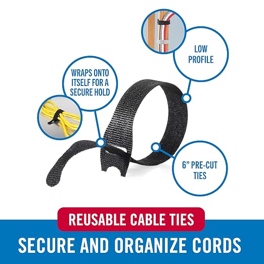 VELCRO Brand Reusable Cable Ties, Cord Management, 6in, Black, 100 Pack | Wire And Cable Management Straps For Electronics, Desks, Home Offices, Workstations And Gaming Setups; Adjustable - Image 2