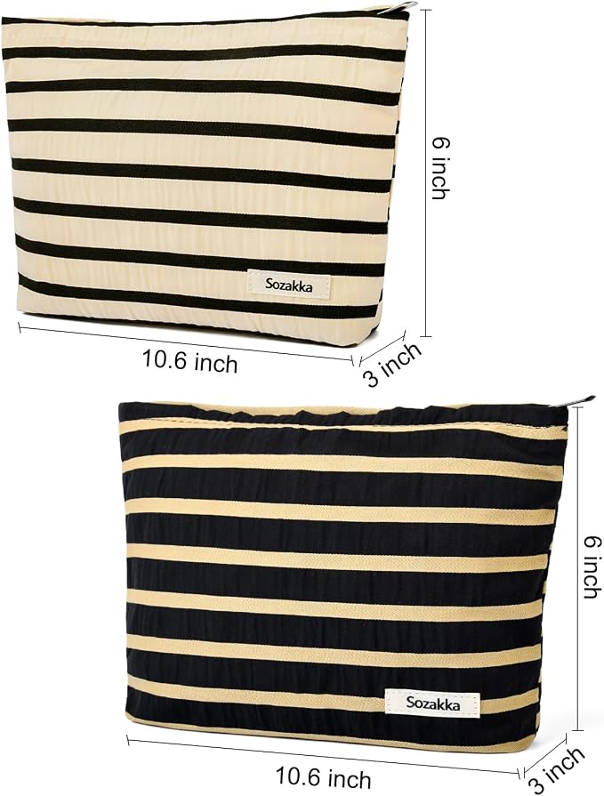 SOIDRAM 2 Pieces Makeup Bag Large Stripe Cosmetic Bag Capacity Canvas Travel Toiletry Bag Organizer Cute Makeup Brushes Aesthetic Accessories Storage Bag for Women, Stripe L Black White - Image 3