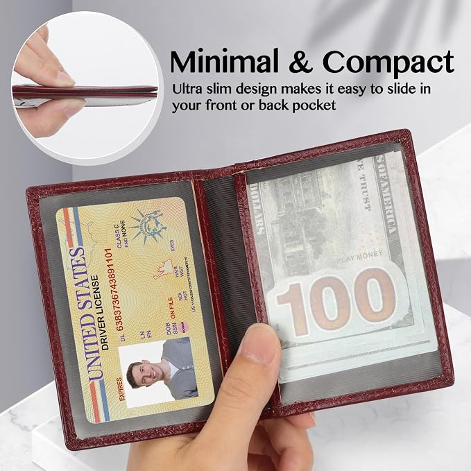 Unaone Slim Minimalist Wallet - Premium Leather RFID Blocking Front Pocket Wallets with 8 Card Slots and 2 ID Window, Wine Red - Image 5