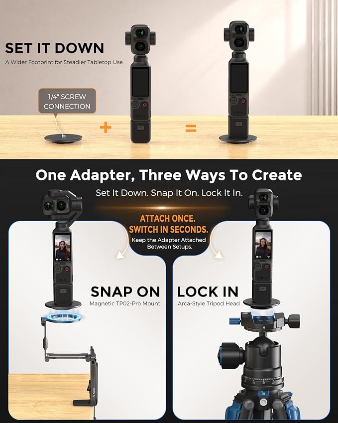 OMOTON TP02-Ultra Magnetic Action Camera Mount for DJI/GoPro iPhone, Black | Arca-type Adapter with 1/4" Screw, 4 in 1 Phone Tripod for Travel Vlog, Adjustable & Swivel, for iPhone 12-17 Series - Image 4