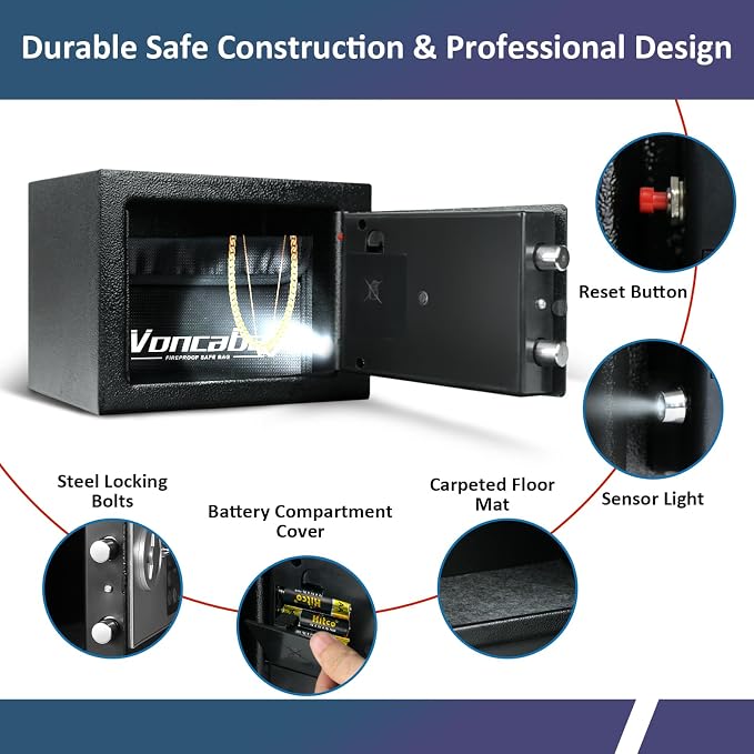 Voncabay Money Safe Box for Home with Digital Keypad, 0.23 Cu. Ft., Black | Alloy Steel, Sensor Light, Fireproof Bag Included, 2 Override Keys, 4 Mounting Screws, Carpeted Mat, 9 x 6.6 x 6.5 In. - Image 5