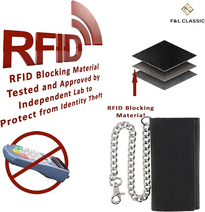 F&L CLASSIC RFID Blocking Mens Tri-fold Long Style Cowhide Leather Steel Chain Wallet,buffalo premium black leather,212-60 - Image 6