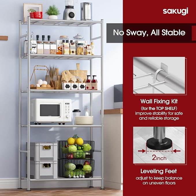 Sakugi Storage Shelves - 5 Tier Shelf Organizer, Heavy Duty Garage Shelving Unit with Leveling Feet, Stable Metal Shelves Organizer for Pantry, Kitchen and Closet, 33.0" W x 12.6" D x 72.0" H, Silver - Image 5
