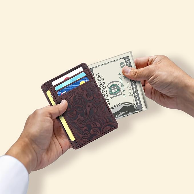 Leather Slim Minimalist RFID Blocking Front Pocket Wallet, Brown, Credit - Image 2